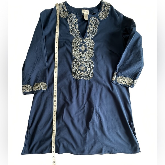 Chico’s Embroidered Navy Tunic Top 0 (Small, US 4–6) Cotton Beaded Sequin Boho - Picture 7 of 8